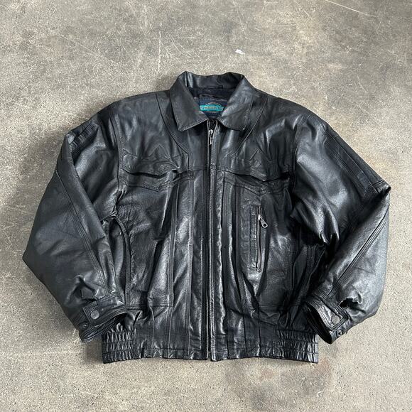 Vintage Weekends Leather Bomber Jacket Size M Black Biker Full Zip Outdoor